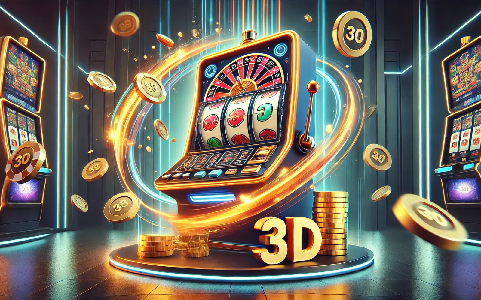 Layar video slot dengan reel, simbol tematik, dan efek permainan
