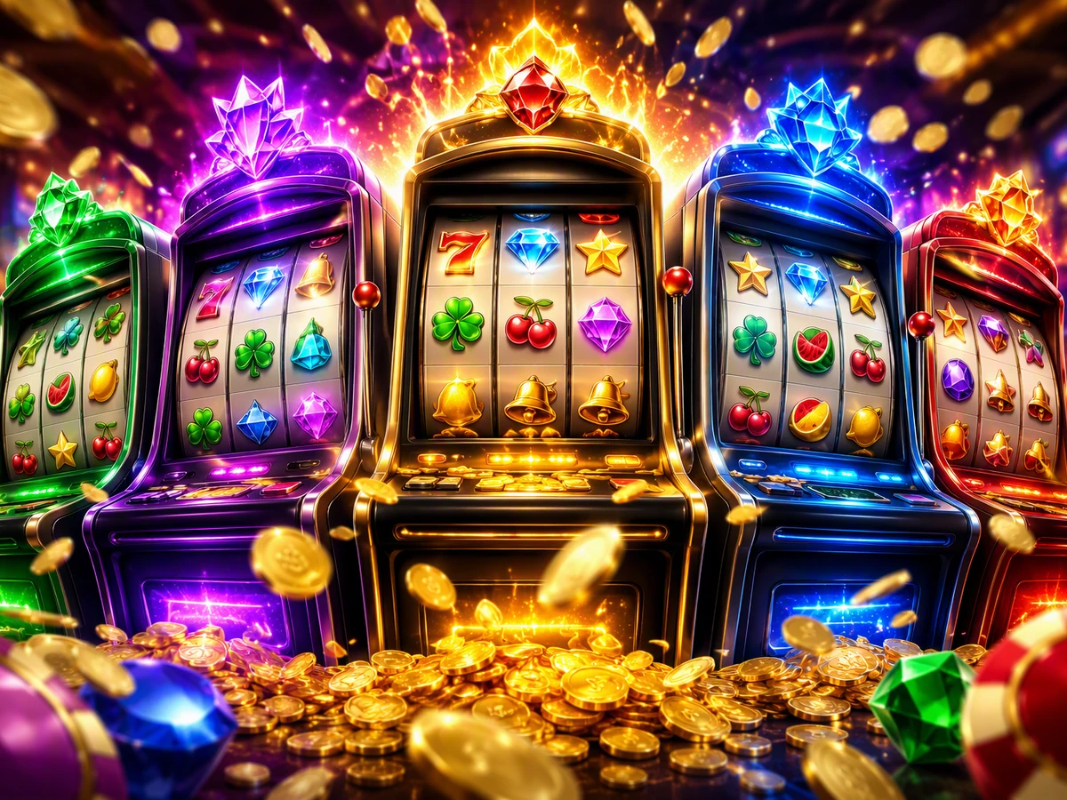 Tampilan permainan slot mobile dengan gulungan dan simbol warna-warni